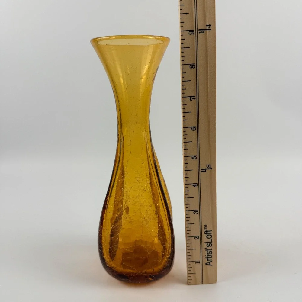 Vintage American Amber Crackle Art Glass Pinched Optic Vase Mid‎ Century